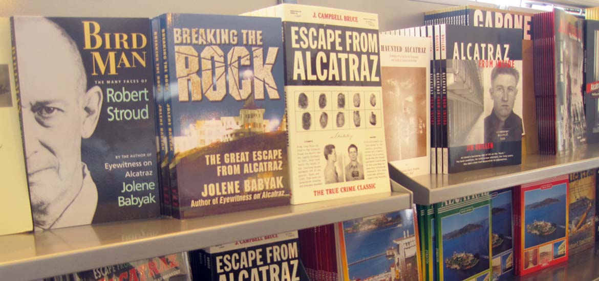 Shelves of books for sale at Alcatraz Gift Shop