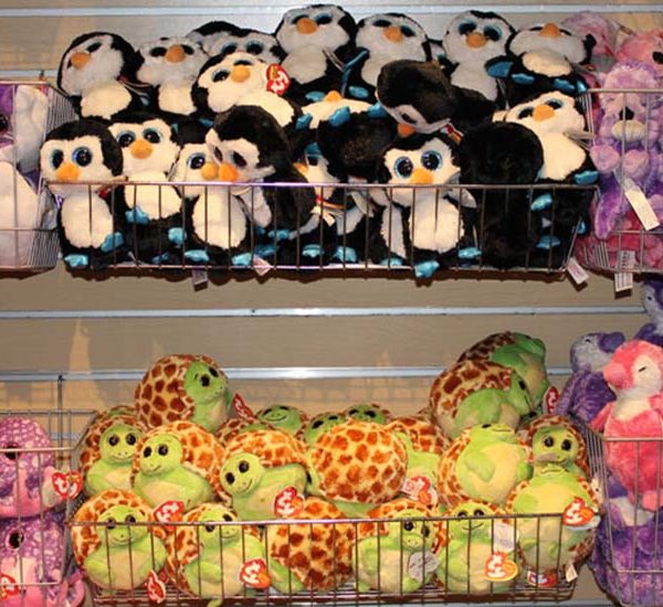 Cute penguin, turtle and octopus stuffed animals at Aquarium of the Bay gift shop