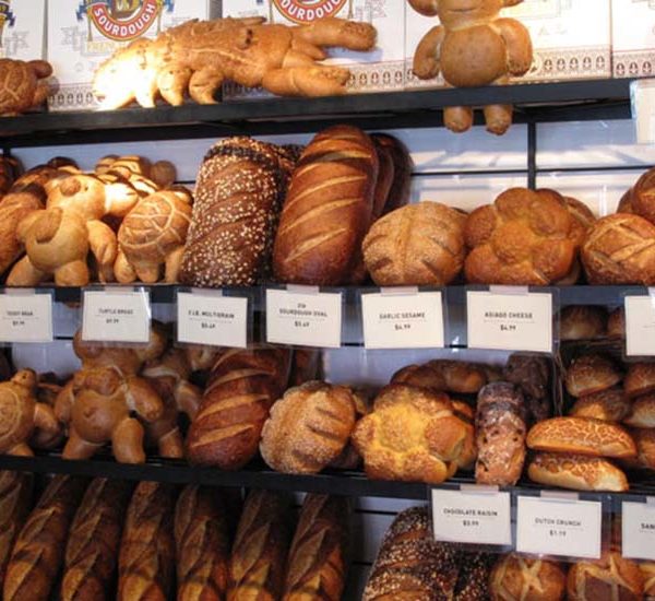 Fresh loaves of bread in different shapes at Boudin