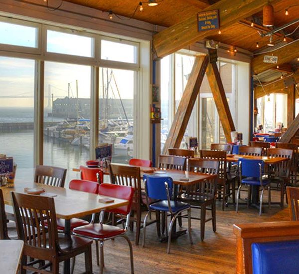 Interior of Bubba Gump with bay views