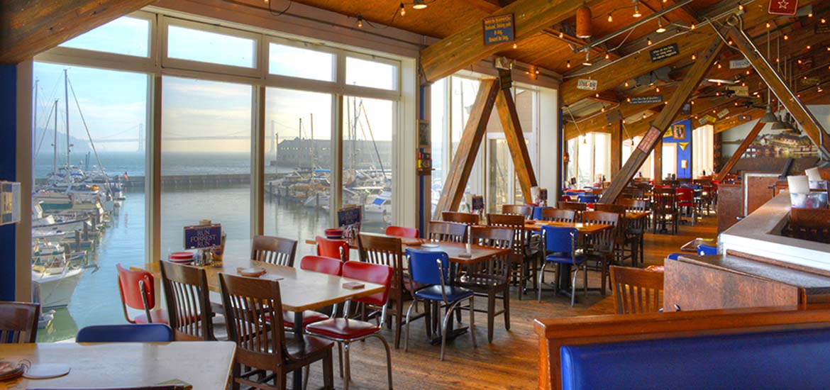 Interior of Bubba Gump with bay views