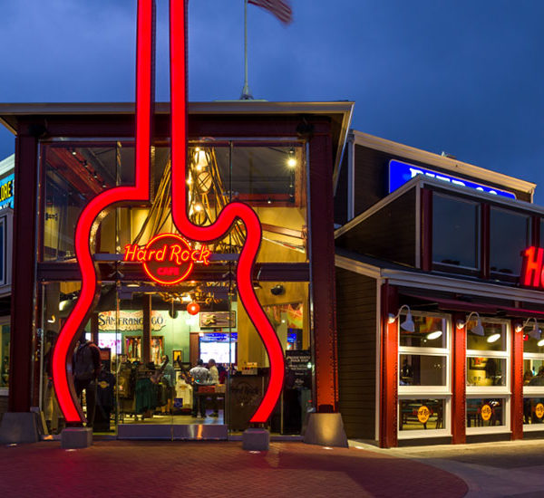 Hard Rock Cafe exterior in PIER 39 entrance plaza