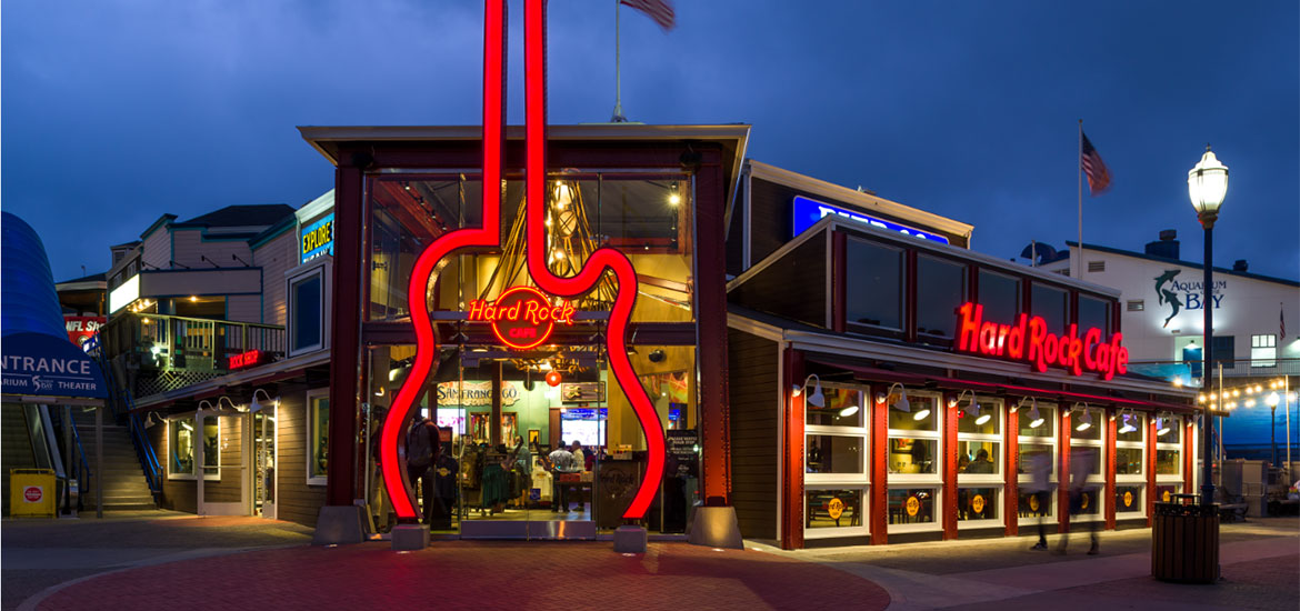 Hard Rock Cafe exterior in PIER 39 entrance plaza